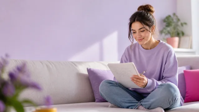 Una estudiante repasando sus notas después de una conversación, satisfecha con el resultado