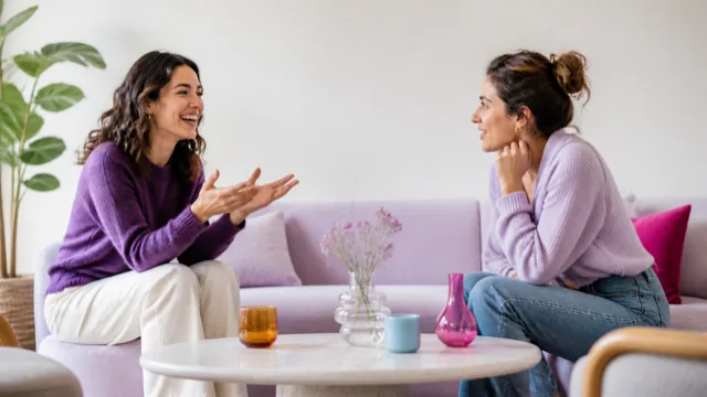 Dos personas conversando en inglés en una sala luminosa, una hablando y la otra escuchando con atención