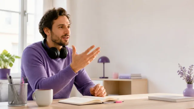 Una persona practicando inglés en voz alta en su escritorio, con la luz de la mañana entrando por la ventana